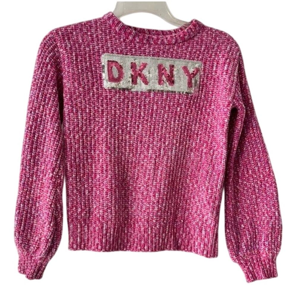 DKNY Girls Pink Chenille Sequin Logo Sweater – Size L